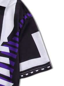 Áo thun cổ polo phong cách đua xe Mỹ cổ điển, in sọc tím trắng, dáng rộng, chất liệu jersey, tay ngắn, phong cách đường phố. - Đen và trắng - Xem 4