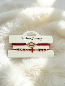 多件套圣母玛利亚手链，女士/女孩水晶十字架手链，人造水晶串珠手链，墨西哥手链，手工编织手链套装，时尚首饰，女士叠戴手链，手链吊坠配饰，手链套装，Y2K手链，可调节手链，串珠手链，女士手链绳，女士首饰配饰，友谊手链，情侣手链 - 十字架款 - 查看 17