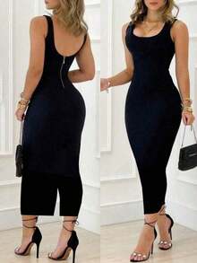 Elegant Fitted Dress, Women's - Sleeveless Backless Design, Suitable For Spring/Summer Occasions, Machine Washable Polyester Blend Fabric, Backless Fitted Dress - Black - View 2