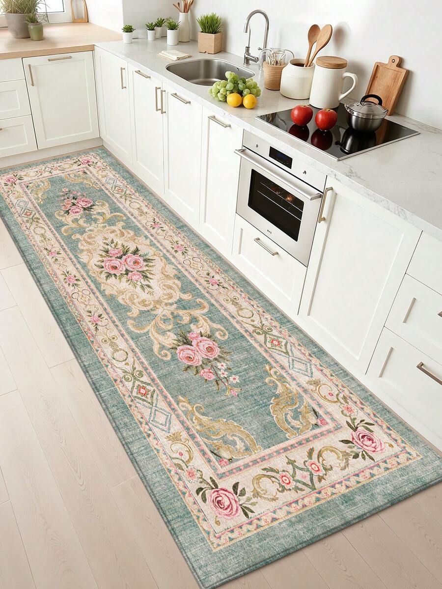 1pc European Style Floral Pattern Long Kitchen Mat, Suitable For Bathroom, Kitchen, Outdoor, Indoor, Hallway, Bedroom, Living Room, Machine Washable Kitchen Rug - Multicolor - View 1