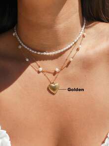 1pc Stainless Steel Gold-Plated Heart Pendant Necklace, Layerable Satellite Chain Necklace, Minimalist Style Gift For Women - Gold - View 4