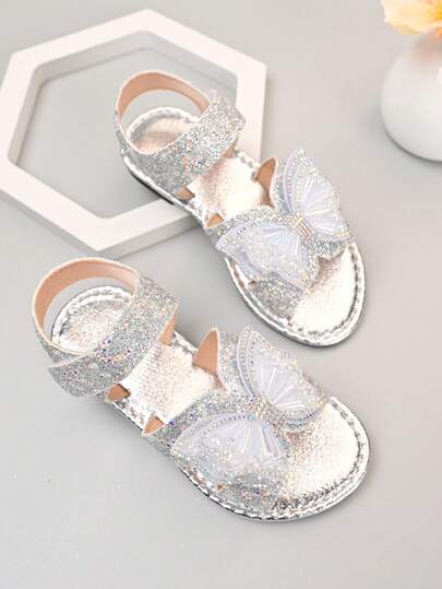 A Pair Of 2026 New-Style Girls' Glittery Bowlace Sequin-Embroidered Non-Slip Slip-On Low-Heeled Flat Sandals | Suitable For Outdoor Camping / Art Exhibitions / Weekend City Walks