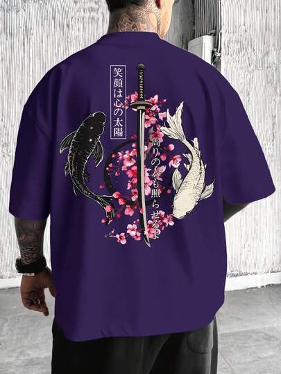 男士春夏日式阴阳锦鲤武士刀图案印花圆领白色T恤