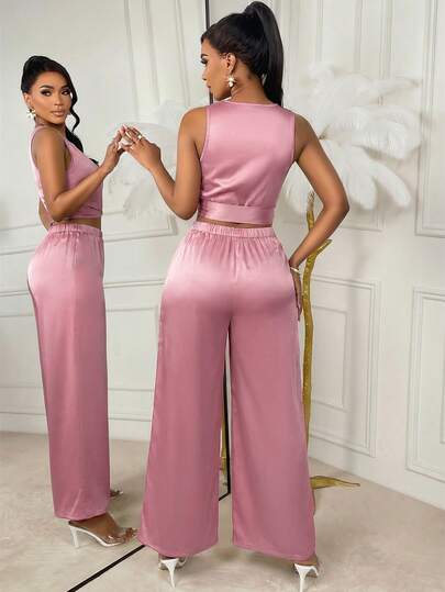 AIJ Amarilo Women's New Summer Elegant Satin Sleeveless Crisscross Tie Top And Wide Leg Pants 2 Pieces Set, Suitable For Weddings, Dates, Parties, Work And Casual Wear
