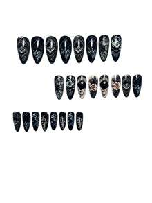 Dark Gothic Style Hand-Painted 3D Floral & Checkerboard Pattern Long Stiletto Fake Nails - Black - View 3