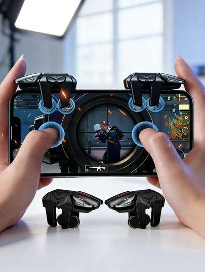 一对手机游戏手柄扳机键，六指灵敏射击瞄准按钮，适用于智能手机游戏，符合人体工程学的手机游戏手柄，兼容iOS和安卓系统