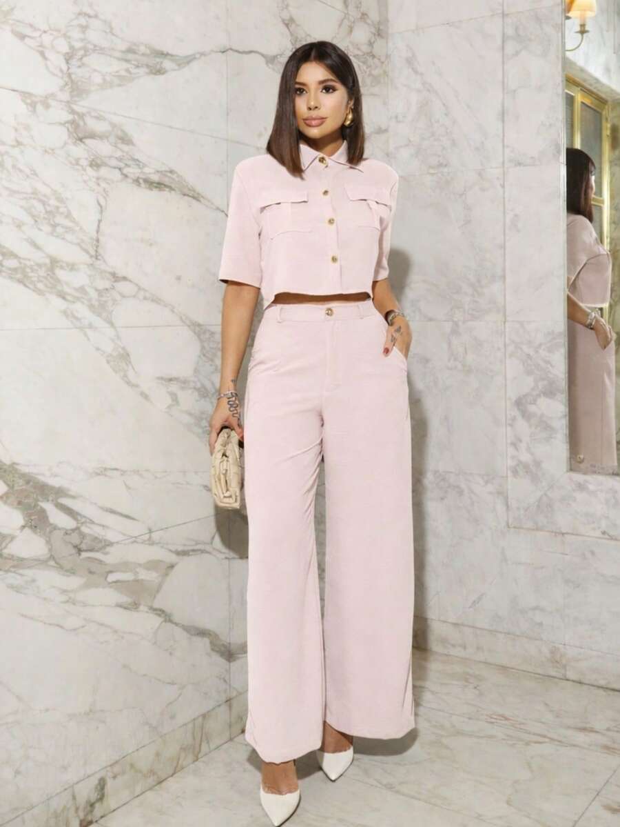 Women's Set: Dress Pants And Button-Down Shirt - Classic Casual Premium - Pink - View 1