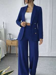 Set traje blazer y pantalón mujer elegante moderno casual botones estilo oficina primavera verano cómodo - Azul Marino - Ver 1