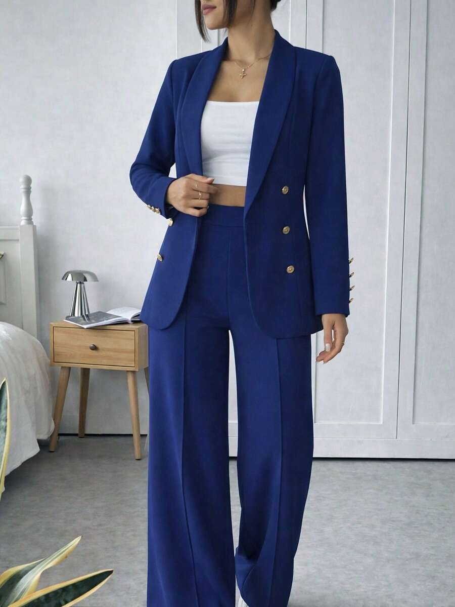 Set traje blazer y pantalón mujer elegante moderno casual botones estilo oficina primavera verano cómodo - Azul Marino - Ver 1