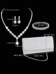Conjunto de joyería para fiesta de 4 piezas: Bolso de embrague minimalista de moda para mujer, bolso de hombro con cadena, bolso de fiesta, collar con strass, aretes con cadena de garra - Plateado - Ver 6