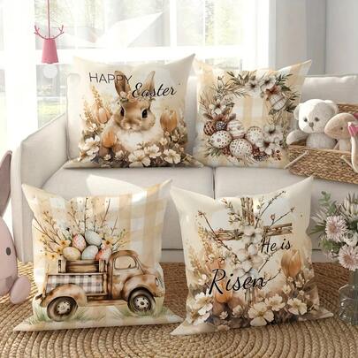 4pcs Easter Pillow Covers With Rabbit, Egg, Truck Wreath And Cross Patterns, Farmhouse Style Polyester Square Single-Sided Printed Throw Pillow Cases For Sofa, Living Room, Farmhouse, Bedroom, Outdoor, Holiday Decor, Zippered, Pillow Inserts Not Included