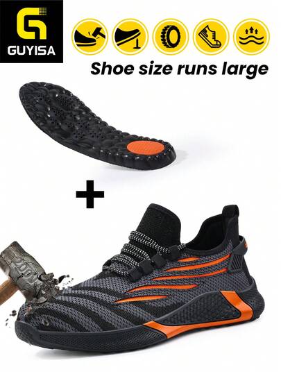 Steel Toe Safety Shoes With Shock Absorption, Deodorizing Insoles, Puncture Resistant Soft Rubber Sole, Black Upper With Orange Stripes, Fashionable And Breathable Design, Functional Work Safety Shoes