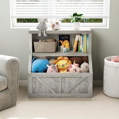 Organizador Infantil Multiusos de Madera - Estante para Libros y Juguetes con Gabinete de Almacenamiento | Diseño Antivuelco, Ideal para Cuarto de Juegos, Dormitorio o Área de Estudio, Color Gris