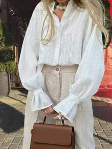 秋季新款甜美清新百搭优雅通勤宽松立领灯笼袖长袖休闲提花衬衫女上衣 - 白色 - 查看 8