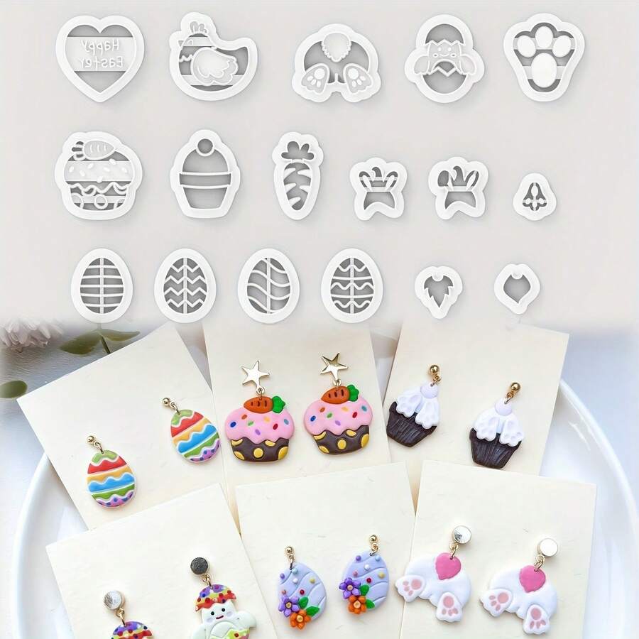 1/4/17Pcs Festive Easter Dessert Polymer Clay Cutters – Bunny Egg Cupcake Shapes, Spring Boho Craft Tools For DIY Earrings, Jewelry Charms & Holiday Party Gifts - White - View 1
