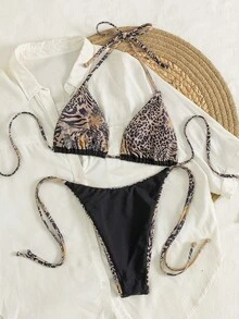 Summer Leopard Print Spaghetti Strap Sexy Tie-Up Bikini Set, Suitable For Beach Vacation - Black Leopard Print - View 3