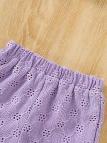 Set 2 buc. pentru fete mici, top cu broderie florală, scobit din buzunar, și pantaloni scurți de culoare uni, ținută de vacanță și casual - Mov Mov - Vizualizare 9
