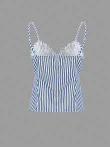 女士休闲简约甜美百搭，适合办公室、度假和海滩穿着，年轻时尚无肩带无袖可调节肩带，纽扣和侧拉链蓝白条纹修身短款上衣，春夏款。 - 藍白色 - 查看 7