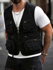 Men's Lightweight Fishing Vest, Casual Fashionable Mesh Multi-Pocket Utility Vest For Summer - Black - View 1