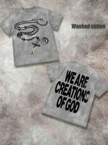 Unisex "We Are Creations Of God" Graphic T-Shirt, Double-Sided Rosary Cross Print 220G Cotton Y2K Streetwear Tee Y2K Dark Aesthetic Tee Breathable & Comfortable Cotton - 洗淨的灰燼 - 查看 11