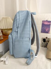 1pc Nylon Plaid Cute Backpack, Fashion Casual Large Capacity Student Bag, Unisex - Blue - View 4