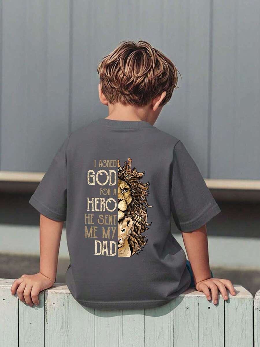 Young Boy Casual Graphic Print Crew Neck Short Sleeve T-Shirt, Summer Top - Dark Grey - View 1