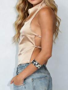 Womens Summer Halter Tops Summer Fashionable Solid Color Slim Fit Cowl Neck Backless Satin Vest - 香檳色 - 查看 3