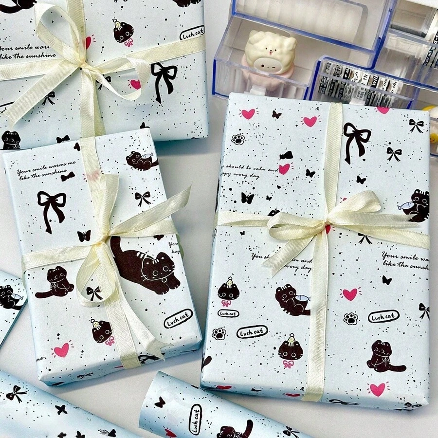 50pcs Cute Cartoon Cat Pattern Gift Wrapping Paper, Large Size Premium Gift Wrapping Paper, Holiday Decor Wrapping Paper, DIY Craft Wrapping Paper And Bouquet Wrapping Paper, Suitable For Holiday, Celebration, Party, Wedding, Birthday, Gift And Party Decor Packaging Needs - Multicolor - View 1