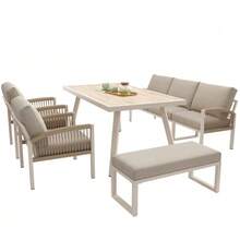 Handwoven 7-Seater Garden Sofa With Armrests / Sturdy Iron Frame And Beige Cushions / Includes A Table (Wood-Effect Glass) And 2 Armchairs / Weather-Resistant Patio Set - Beige - View 4