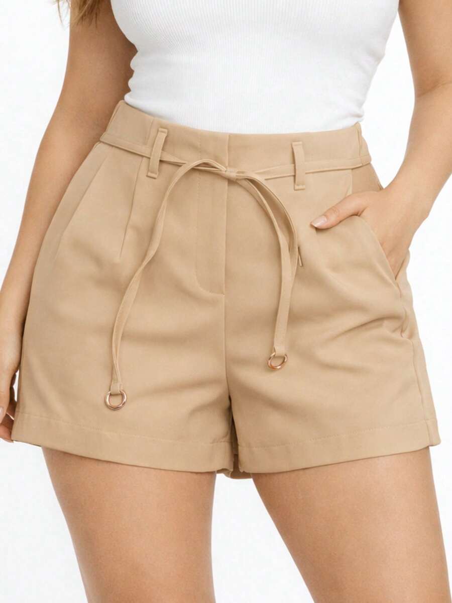 Women's Tailored High-Waisted Shorts With Elegant Tie And Belt, Perfect For Evening Or Daytime Use. - 米色 - 查看 1