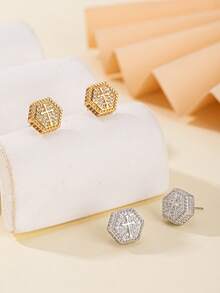 1 Pair Fashionable Minimalist Men's Copper Cross Stud Earrings, Suitable For Daily Wear And Gift For Family And Friends - Multicolor - View 8