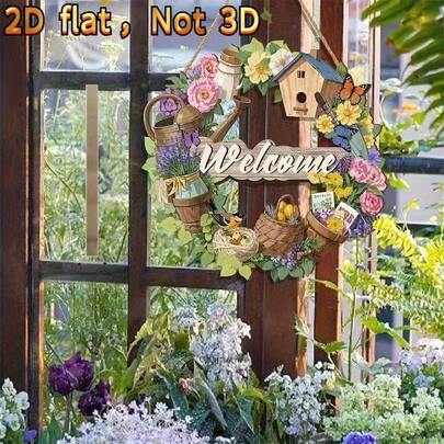 1件装复活节春季花园欢迎牌，2D木质花环悬挂装饰，适用于花园围栏/前门/露台，采用黄麻绳悬挂设计，春季花园复活节欢迎牌匾