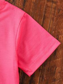 2件套女童夏季字母“LOVE”印花圆领T恤和沙滩短裤套装，休闲度假及上学装，4-7岁 - 玫紅色 - 查看 6