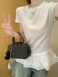 荷叶边圆领短袖T恤，修身夏季上衣 - 白色 - 查看 6