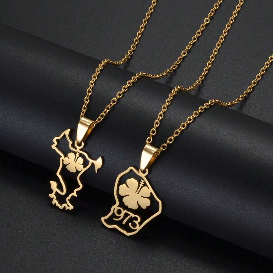 1Piece Mayotte And French Guiana Guyane With Hibiscus Flowers 973 Area Code Pendant Necklaces Stainless Steel Jewelry - Yellow Gold - View 1
