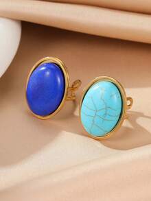 2件套不锈钢女士金色时尚夸张风格双蓝宝石首饰套装，适合女士佩戴或作为礼物 - 金黃色 - 查看 4