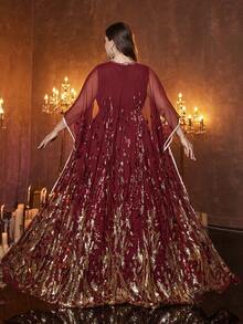 SUPGIR Đầm Abaya dài tay bằng vải lưới cỡ lớn dành cho nữ, kèm thắt lưng đính sequin, thích hợp cho mùa xuân. - Màu Đỏ Sâu - Xem 2