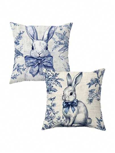 1/2pcs Easter Pillow Case, Blue And White Chinoiserie Easter Bunny With Bow In Delft Blue P, Great For Holiday And Anniversary Decorations Living Room Decor Bedroom Decor,Pillow Insert Not Included,2D Flat