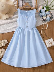 Left Mama 女童优雅简约条纹无袖连衣裙，适合上学和日常穿着，夏季百搭 - 藍色 - 查看 1