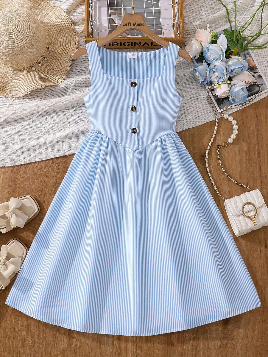 Left Mama 女童优雅简约条纹无袖连衣裙，适合上学和日常穿着，夏季百搭 - 藍色 - 查看 1