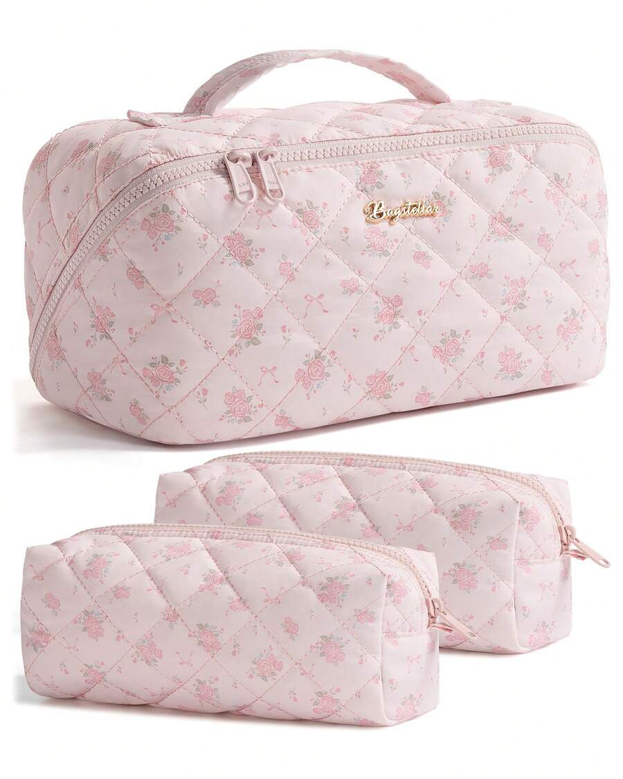 Travel Makeup Bag, 3 Pcs Large Capacity Puffy Toiletry Bag For Women, Open Flat Make Up Cosmetic Organizer W/Handle & Clear Divider Water-Resistant Portable Pouch Travel Essentials - 粉紅玫瑰 - 查看 1