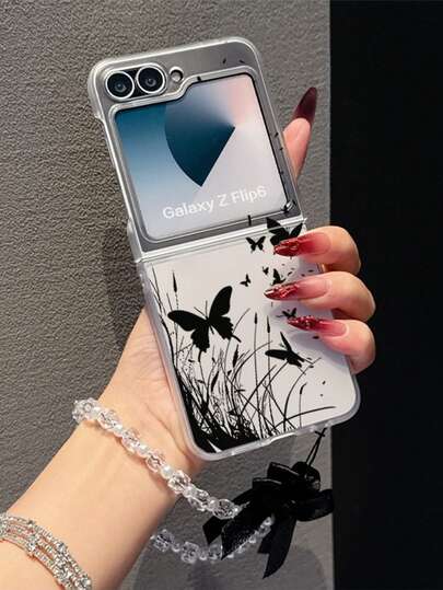 1个时尚磨砂PC材质简约可爱草蝴蝶元素折叠手机壳，搭配同色手链，可保护手机并防止跌落：适用于三星Galaxy Zflip 3/Zflip 4/Zflip 5/Zflip 6/Zflip 7/ Razr 50 Ultra/ Razr 60 Ultra/ Razr 60/ Razr 50/Galaxy Z Flip7 FE