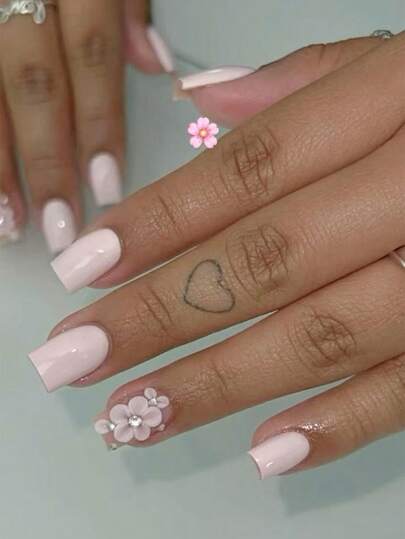 10pcs Pink Flower Y2K Square Short Simple Elegant Handmade Press-On Nails, Suitable For Girls Daily Wear Nail Supplies