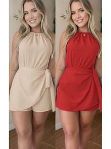 Duna Summer Women's 2-Piece Jumpsuit Set - Bộ 2 món: Áo liền quần màu đỏ và be - Xem 2