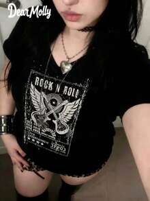 Plus Letter & Wings Print Notched Neck Tee - Black - View 1