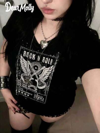 Plus Letter & Wings Print Notched Neck Tee