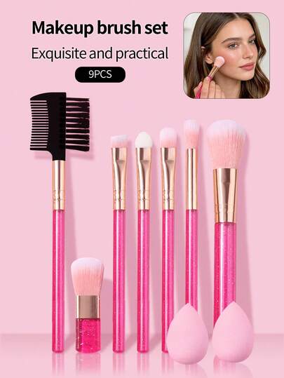 9pcs Delicate & Practical Makeup Brush Set - Soft Powder Brush, Blush Brush, Sponge Eyeshadow Brush, Lash Brush, Brush Set & Small Wet/Dry Makeup Sponge