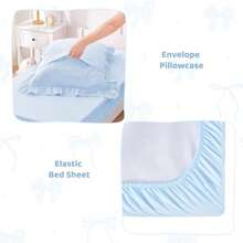 Juego de ropa de cama con diseño bohemio 4 piezas con volantes diseño floral con bordado jacquard incluye edredón sábana bajera sábana plana y funda de almohada color azul-B027 - Azul - Ver 6