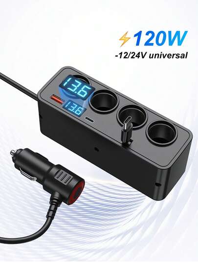 1个7口车载电源插座，12V-24V通用，配有4根车载充电延长线和双PD伸缩线，后置式车载充电适配器，支持快速充电，兼容多种手机，理想的礼物，不含电池