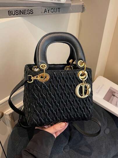 Women's High-Quality Solid Color PU Leather Handbag, Duchess Bag With Metal Decor, Textured Pattern, Casual Shoulder Bag